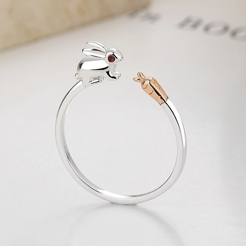 S925 Sterling Silver Cute Rabbit Carrot Open Ring For Women Adjustable Animal Rhinestone Minimalist Fashion Finger Jewelry