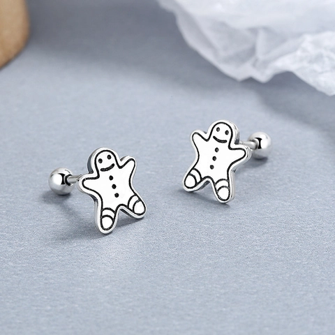 925 Sterling Silver Gingerbread Man Bear Stud Earrings For Women Antique Thai Silver Screw Back Ball Cute Animal Ear Bone Jewelry