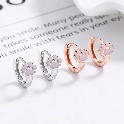 Orecchini a Cerchio in Argento Sterling 925 a Forma di Zampa di Gatto Rosa Minimalista Impronta Animale Gioielli per Donna