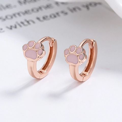 Orecchini a Cerchio in Argento Sterling 925 a Forma di Zampa di Gatto Rosa Minimalista Impronta Animale Gioielli per Donna
