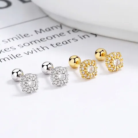 Orecchini a Bottone in Argento Sterling 925 Quadrati con Pavé di Strass per Donna Elegante Design Halo con Chiusura a Vite