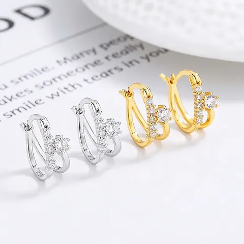 925 Sterling Silver Rhinestone Pave Hoop Earrings For Women Minimalist Geometric Double Loop Gold Silver Plated Fashion Earrings