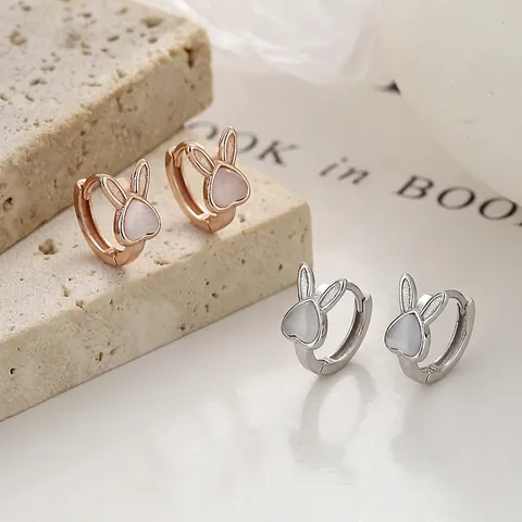 S925 Sterling Silver Rabbit Hoop Earrings For Women Cute Heart Artificial Cat's Eye Stone Rhinestone Earrings Jewelry Gift