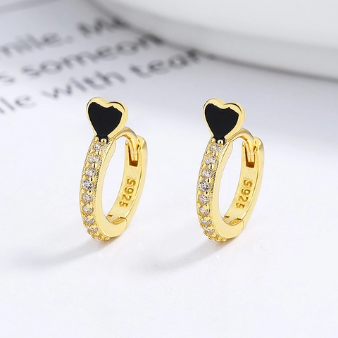 Orecchini a Cerchio in Argento Sterling 925 per Donna con Pavé di Strass e Pendente a Cuore in Smalto Nero Gioielli Semplici