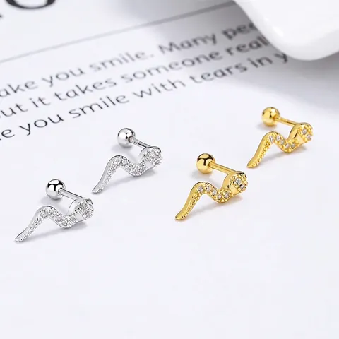 925 Sterling Silver Snake Stud Earrings For Women Minimalist Small Animal Ear Bone Studs With Rhinestone Screw Ball Back