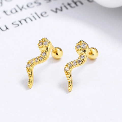 925 Sterling Silver Snake Stud Earrings For Women Minimalist Small Animal Ear Bone Studs With Rhinestone Screw Ball Back