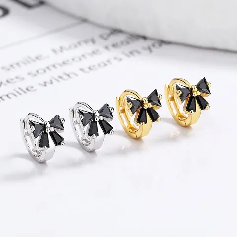 Pendientes de Aro con Lazo Negro de Plata de Ley 925 para Mujer Joyería de Moda Minimalista con Strass Incrustado Accesorios de Regalo