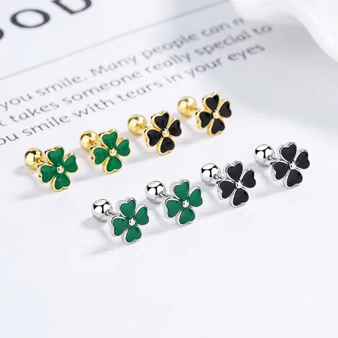 Boucles d'Oreilles Clous Trèfle Argent Sterling 925 Fermoir à Vis Émail Trèfle à Quatre Feuilles Tige Bijoux Minimalistes Femme