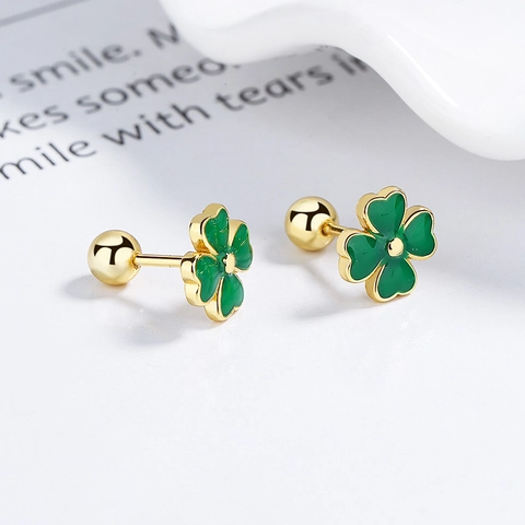 Boucles d'Oreilles Clous Trèfle Argent Sterling 925 Fermoir à Vis Émail Trèfle à Quatre Feuilles Tige Bijoux Minimalistes Femme