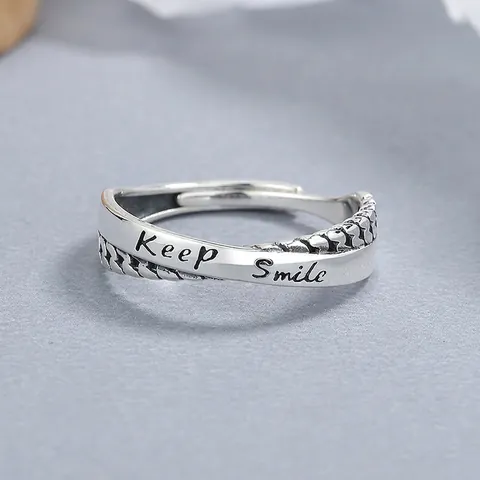 Retro 925 Sterlingsilber Kreuzring Für Damen Distressed Thai Silber Keep Smile Briefing Offener Verstellbarer Schmuck Fingerring