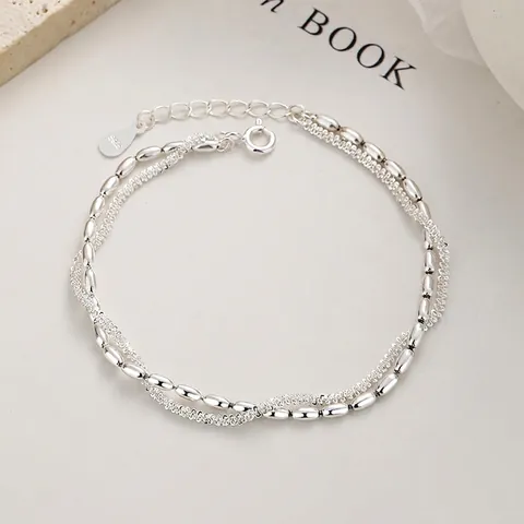 925 Sterlingsilber Doppelschichtiges Armband Für Damen Funkelnde Reisperle Und Gipskraut Kette Verstellbarer Minimalistischer Handschmuck