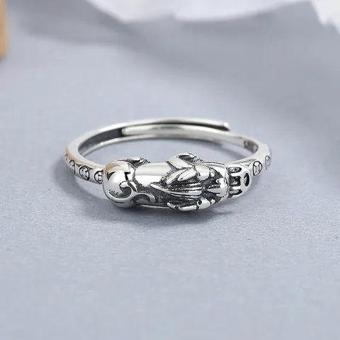 Vintage 925 Sterling Silver Pixiu Open Ring For Women Adjustable Retro Chinese Style Good Luck Wealth Mythical Beast Ring