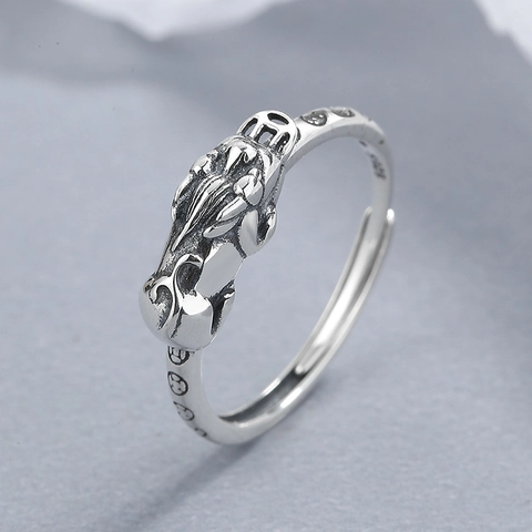 Vintage 925 Sterling Silver Pixiu Open Ring For Women Adjustable Retro Chinese Style Good Luck Wealth Mythical Beast Ring