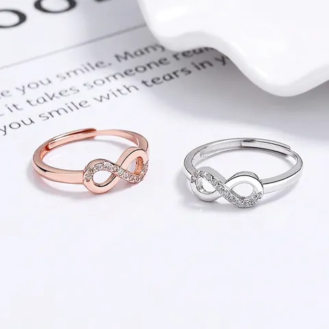 925 Sterling Silver Infinity 8-Shaped Open Ring For Women Inlaid Rhinestone Minimalist Adjustable Fashion Jewelry Gift