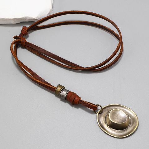 Collier Pendentif Chapeau de Cow-boy Vintage pour Hommes Femmes Cordon en Cuir Réglable Alliage de Bronze Bijoux Western