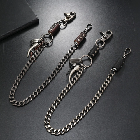 Punk Rock Mannen Hip Hop Metalen Tailleketting Leer Decoratie Retro Schedel Hoorn Hanger Broekketting Portemonnee Ketting Heren Sieraden