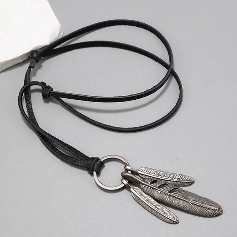Collar con Colgante de Pluma de Aleación Vintage con Cordón de Cuero de Vaca Genuino Bohemio Ajustable Cadena Larga para Suéter Unisex