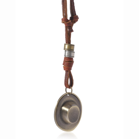 Collier Pendentif Chapeau de Cow-boy Vintage pour Hommes Femmes Cordon en Cuir Réglable Alliage de Bronze Bijoux Western