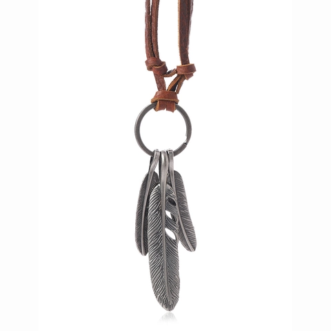 Collar con Colgante de Pluma de Aleación Vintage con Cordón de Cuero de Vaca Genuino Bohemio Ajustable Cadena Larga para Suéter Unisex