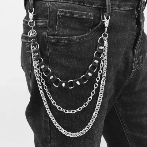 Catena da Pantaloni Multistrato Punk Con Punte Argentate Maglia Cubana in Metallo e Pelle Nera per Hip-Hop Street Dance Unisex Accessorio