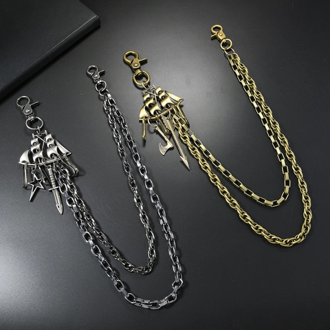 Retro Multilayer Pants Chain Punk Gothic Waist Chain Alloy Metal Jeans Chain With Sailboat Star Battle Axe Dagger Charms