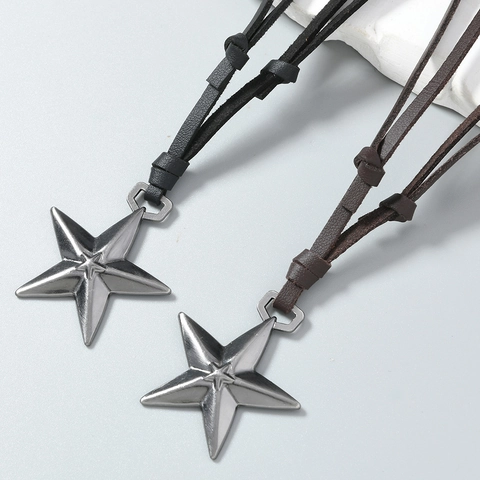 Collana Regolabile in Pelle Sintetica con Ciondolo a Pentagramma Retrò per Uomo Donna Stile Hip Hop in Lega a Forma di Stella