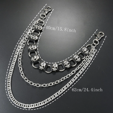 Punk Style Multilayer Waist Chain Silver Metal Link Belt With Skull Charms Black Leather Strip For Unisex Gothic Rock Jewelry