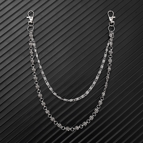 Punk Zweilagige Metall Hosenkette Gothic Kreuzblume Perlen Taillenkette Für Jeans Herren Damen Streetwear Geldbörsenkette