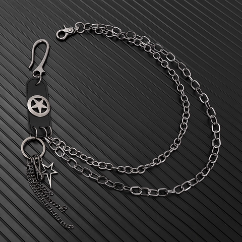 Heren Punk Rock Meerlaagse Metalen Broekketting Met Ster Koeienhuid Patch Vintage Zilver Hip Hop Streetwear Riemketting