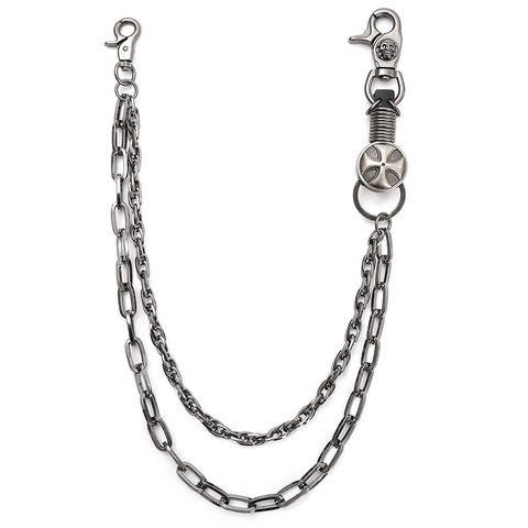 Punkrock Dubbellaagse Metalen Broekketting Voor Heren Dames Hiphop Jeans Accessoire Met Kruis Schedel Bedeltje Rundleren Tailleketting