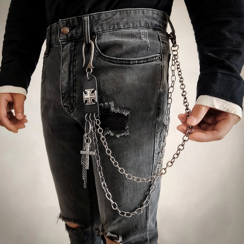 Catena per Pantaloni a Strati Punk Rock per Uomo Donna Hip Hop Retro Ciondolo a Croce Toppa in Pelle Accessori Catena in Metallo