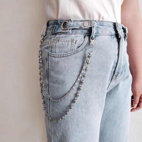 Punk Zweilagige Metall Hosenkette Gothic Kreuzblume Perlen Taillenkette Für Jeans Herren Damen Streetwear Geldbörsenkette