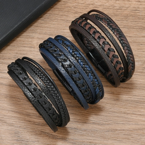 Vintage Men Multilayer Braided PU Leather Bracelet With Alloy Magnetic Clasp Handmade Punk Casual Wristband Jewelry