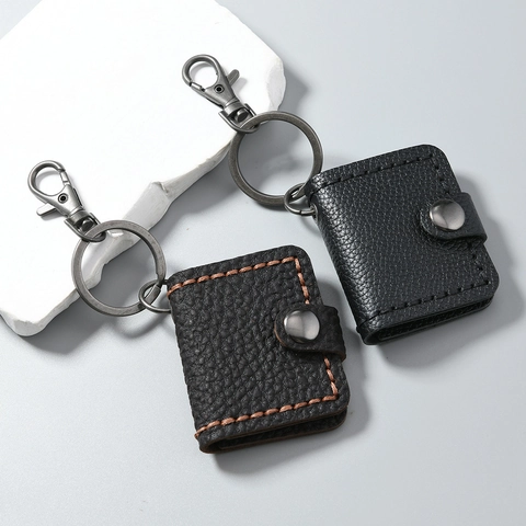 Vintage Litchi Texture Cowhide Leather Keychain Mini Card Holder Photo Bag Pendant With Hand Stitching Alloy Keyring