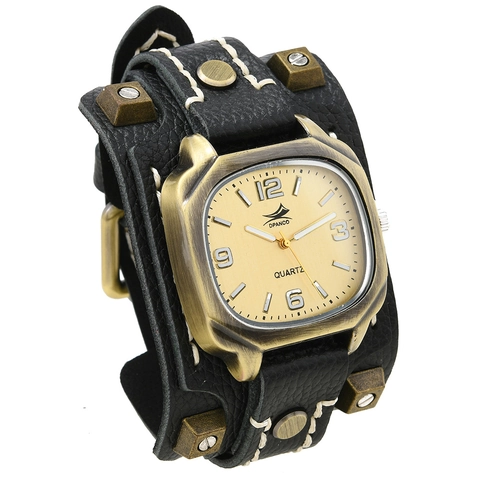 Vintage Men Punk Wide Cowhide Leather Cuff Quartz Watch With Metal Rivets And Handmade Stitching Retro Hip Hop Wristband Watch