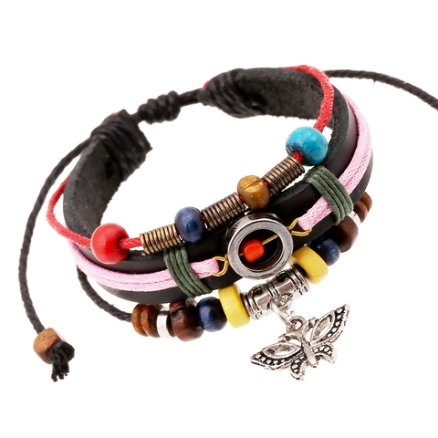 Vintage Multi-Layer Braided Leather Bracelet For Men Women Bohemian Adjustable Beaded Butterfly Alloy Charm Wrap Bracelet