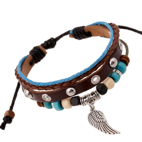 Bracciale Vintage in Pelle di Vacchetta Multistrato con Perline da Uomo Ciondolo a Forma di Ala e Piuma in Lega Gioielli Artigianali Regolabili Etnico Bohemian