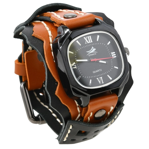 Orologio Bracciale da Uomo in Pelle di Vacca Stile Punk Rock Retro Largo Cucito a Mano in Lega al Quarzo Con Numeri Romani