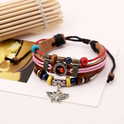 Vintage Multi-Layer Braided Leather Bracelet For Men Women Bohemian Adjustable Beaded Butterfly Alloy Charm Wrap Bracelet