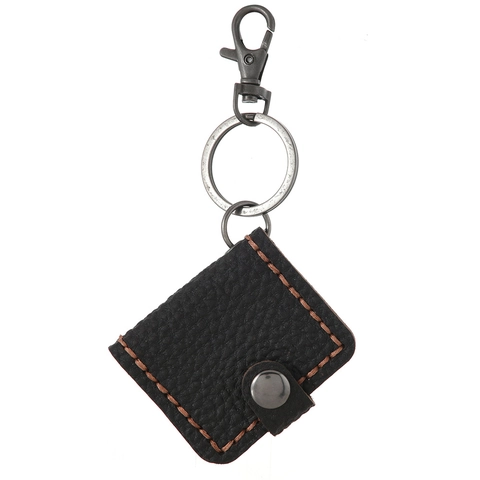 Vintage Litchi Texture Cowhide Leather Keychain Mini Card Holder Photo Bag Pendant With Hand Stitching Alloy Keyring