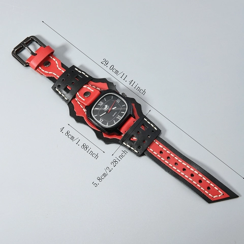 Orologio Bracciale da Uomo in Pelle di Vacca Stile Punk Rock Retro Largo Cucito a Mano in Lega al Quarzo Con Numeri Romani