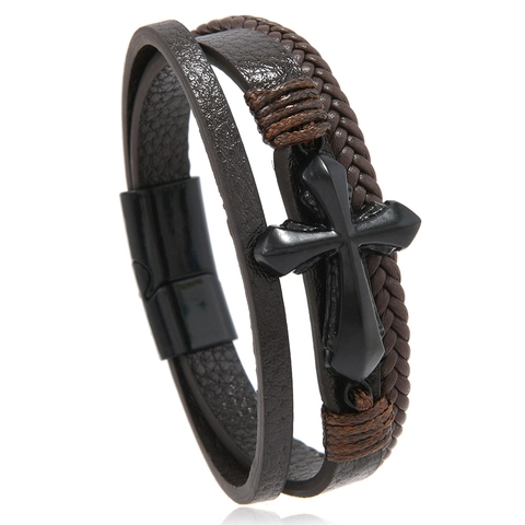 Bracciale da Uomo Vintage Punk in Pelle Artificiale Intrecciata Multistrato Con Croce in Lega e Chiusura Magnetica