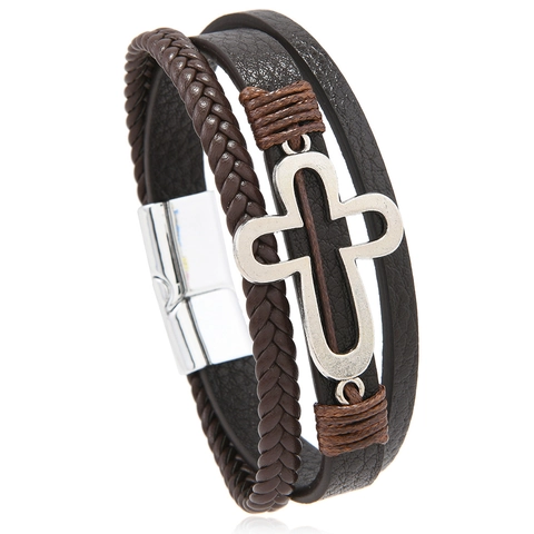 Herren Vintage Mehrlagig Geflochten Kunstleder Armband Hohles Kreuz Legierung Magnetverschluss Religiös Punk Stil Mode Schmuck
