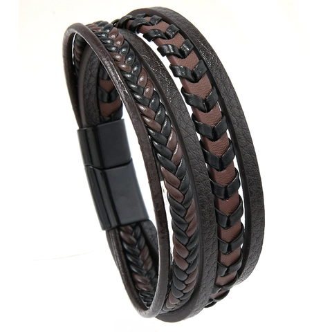 Vintage Men Multilayer Braided PU Leather Bracelet With Alloy Magnetic Clasp Handmade Punk Casual Wristband Jewelry