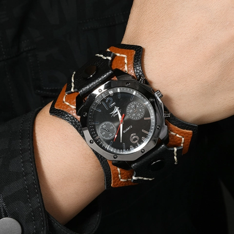 Vintage Punk Rock Herrenuhr Mit Breitem Lederarmband Kuhleder Legierung Armband Quarzuhr Mit Handgenähten Nähten Nieten