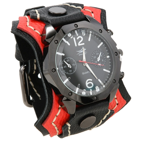 Vintage Punk Rock Herrenuhr Mit Breitem Lederarmband Kuhleder Legierung Armband Quarzuhr Mit Handgenähten Nähten Nieten
