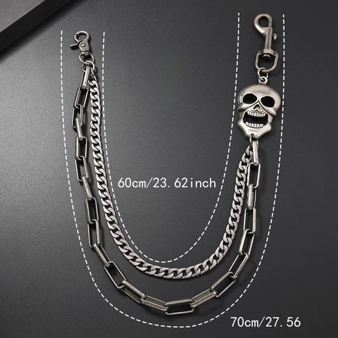 Punk Gothic Teschio Catena da Pantaloni a Doppio Strato Argento Antico Lega Metallo Catena in Vita per Uomo Donna Rock Hip Hop Biker Catena per Portafoglio