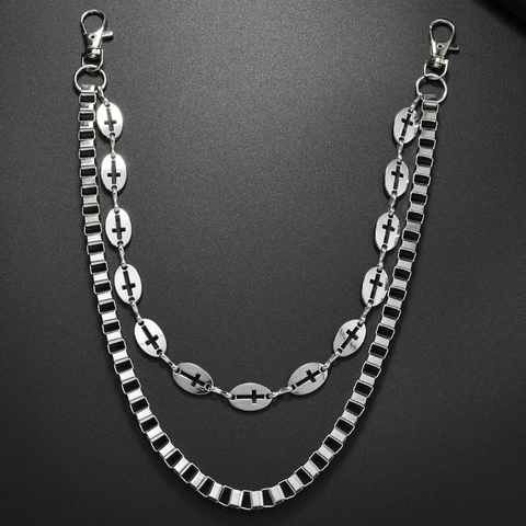 Punk Hip Hop Doppelschichtige Metall Taillenkette Silber Kreuz Hohl Anhänger Hose Kette Streetwear Accessoires Für Damen Herren