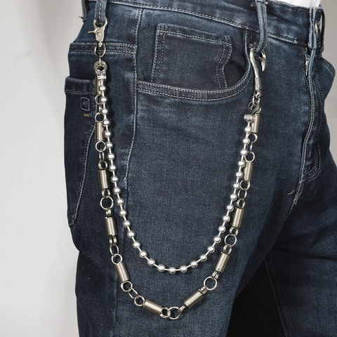 Punk Gothic Meerlaagse Legering IJzeren Tailleketting Voor Heren Dames Zilverkleurige Ronde Kraal Veer Broek Ketting Hip Hop Sieraden