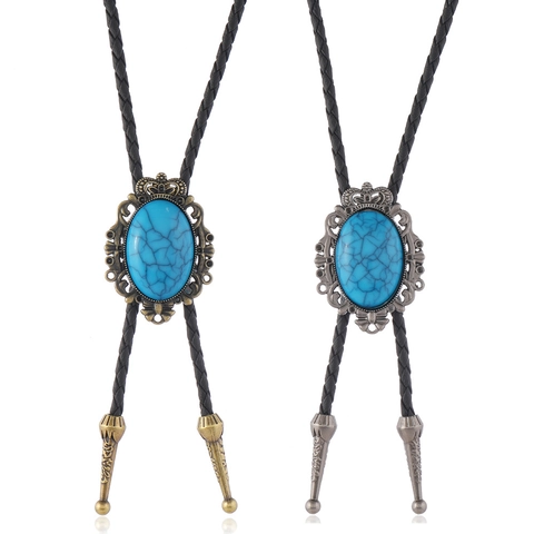 Vintage Western Cowboy Bolo Tie With Artificial Turquoise Pendant Engraved Alloy PU Leather Braid Adjustable Neck Tie Necklace Unisex Jewelry